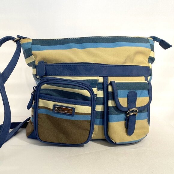 Striped Blue Tan  Brown Summer Bag - Picture 1 of 12